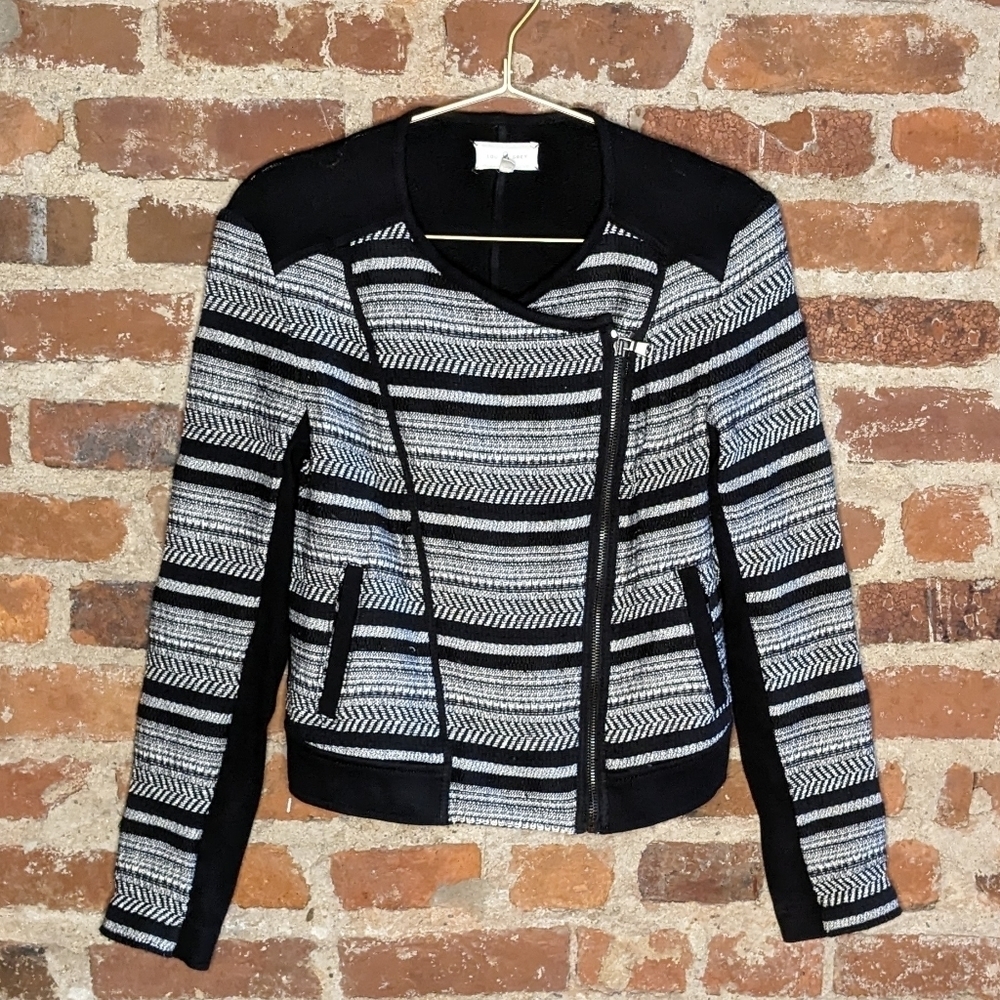 Lou & Grey‎ XS Black & White Striped Off Center Zipper Moto Jacket